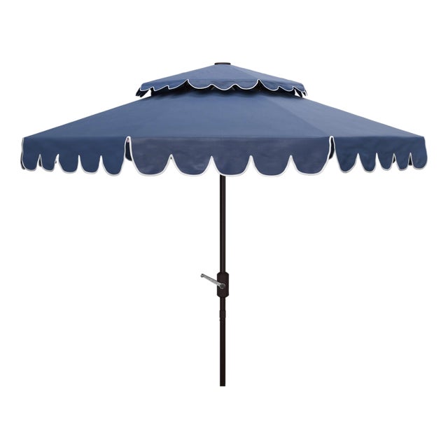 Venice 9Ft Round Double Top Crank Umbrella, Navy With White Trim For Sale