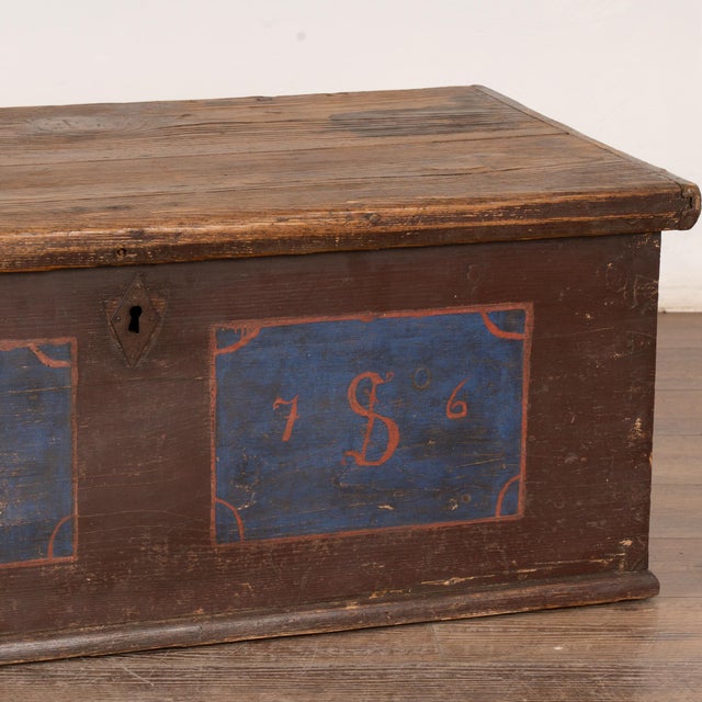 Brown 19th Century Hand Painted Flat Top Trunk Dated 1876 For Sale - Image 8 of 9