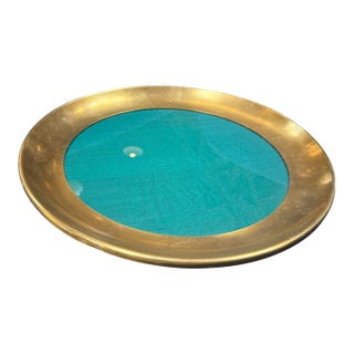 Italian Brass and Green Glass Decorative Catchall Tray, 1970s For Sale