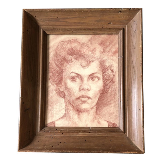 Original Vintage Sepia Conte Drawing Female Portrait Modernist Worm Wood Frame 1950’s For Sale