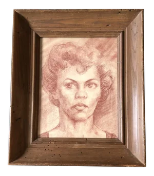 Original Vintage Sepia Conte Drawing Female Portrait Modernist Worm Wood Frame 1950’s