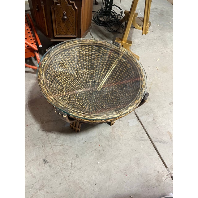 Boho Chic 1970s Bamboo Drum Glass Top Coffee Table For Sale - Image 3 of 5