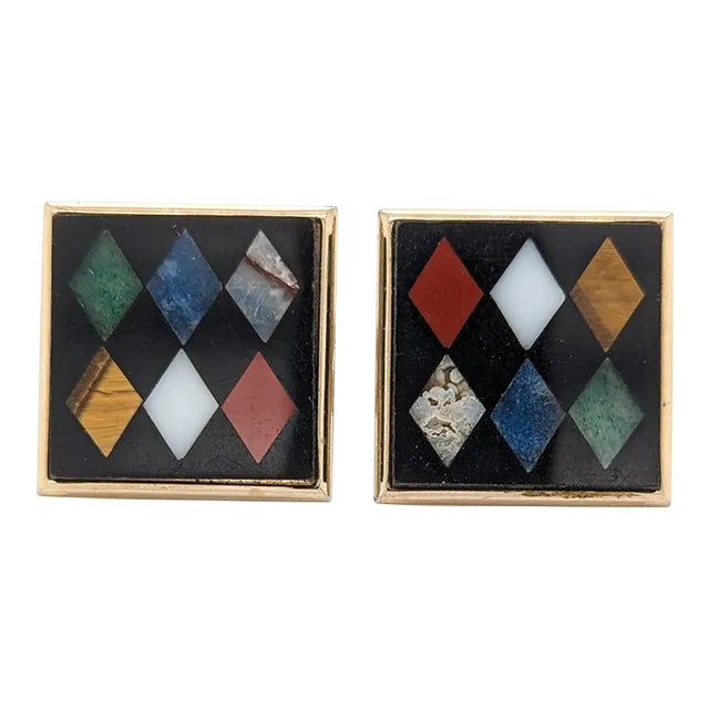 Vintage American Swank Square Brass & Inlaid Stone Cufflinks For Sale