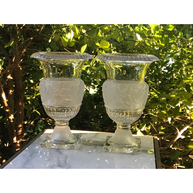 Heavy crystal Lalique style pair of polished and frosted vases. Beautiful and hard to find pair of exquisitely made vases....
