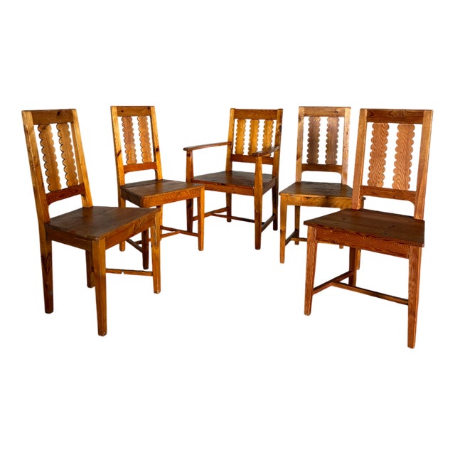 Vintage Swedish Sculptural Dining Chairs in Pine, 1930s, Set of 5 For Sale