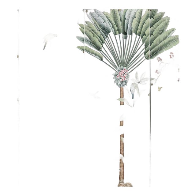 Chinoiserie Hand-Painted Wallpaper Panels, Soft Neutral Background With Tropical Floral & Bird Motifs, Set of 4 For Sale