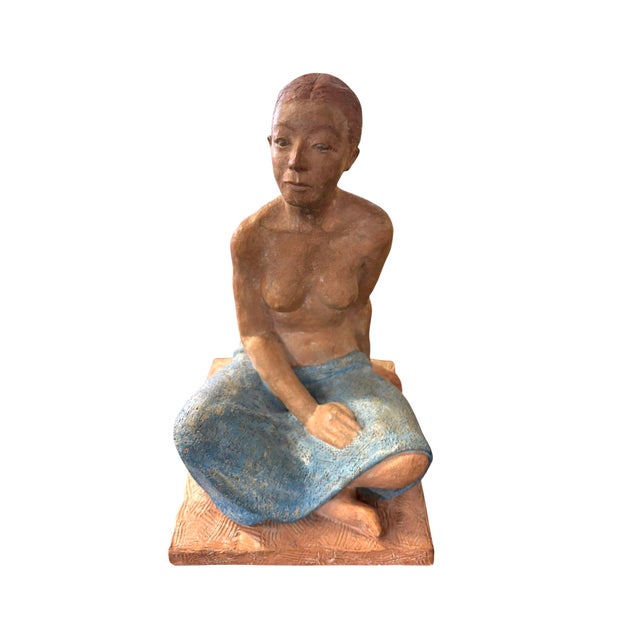 Expressive original figural sculpture signed “O’Hare”, depicting a seated woman posed cross-legged on a textured...