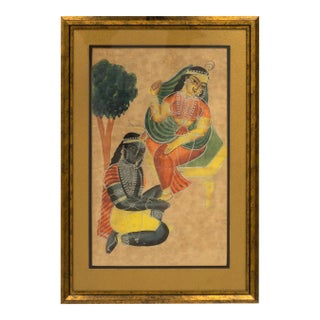 Antique 19th Century Indian Kalighat Painting of Krishna Adoring Radha, Framed For Sale