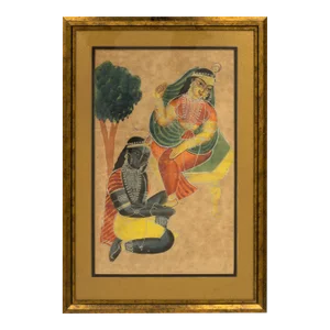 Antique 19th Century Indian Kalighat Painting of Krishna Adoring Radha, Framed