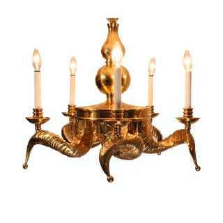 Chapman Manufacturing Co. Brass Chandelier Five Lights Rams Horns Signed For Sale