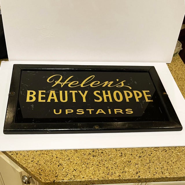 Vintage Black & Gold Trade Sign From Helen's Beauty Shoppe For Sale - Image 4 of 6