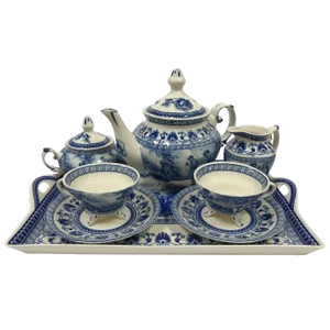 Liberty Blue Transferware Porcelain Tea Set With Tray Antique Reproduction - 10 Pieces