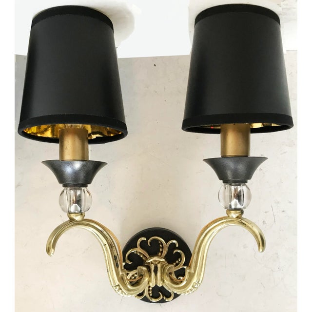 Mid-Century Modern 1950s Maison Jansen Gold Metal with Black Shades Sconces - A Pair For Sale - Image 3 of 6