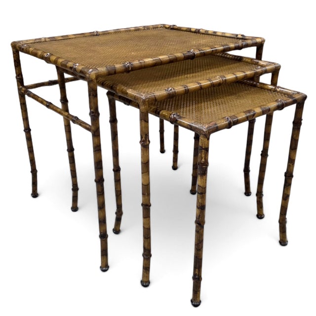 Brown Vintage Hollywood Regency Faux Tortoiseshell, Faux Bamboo & Faux Cane Metal Nesting Tables – Set of 3 For Sale - Image 8 of 8