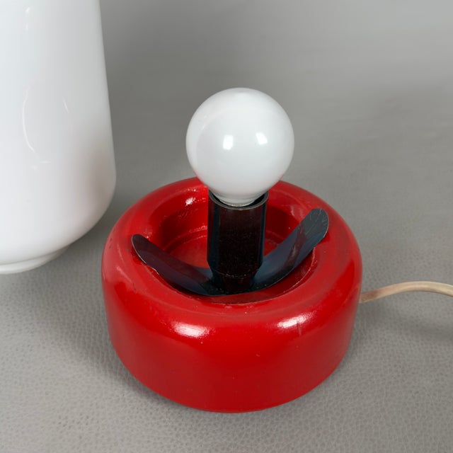Space Age White Opal Glass Capsule Table Lamp with Red Wood Base, 1970s For Sale - Image 9 of 15