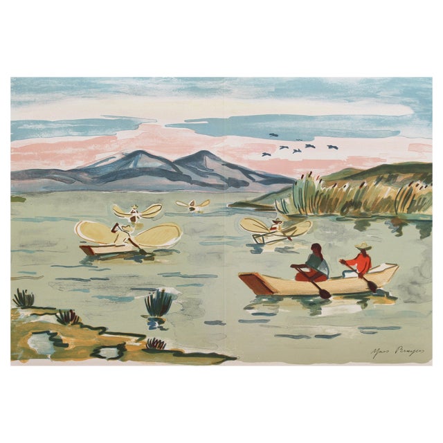 Yves Brayer, Mexican Fishermen in Lake Patzcuaro, Lithograph, 1963, Framed For Sale