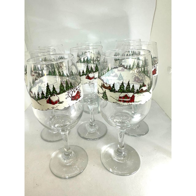 Glass 1960s Libby Winter Village Wine/Water Goblet Set of 8 For Sale - Image 7 of 9
