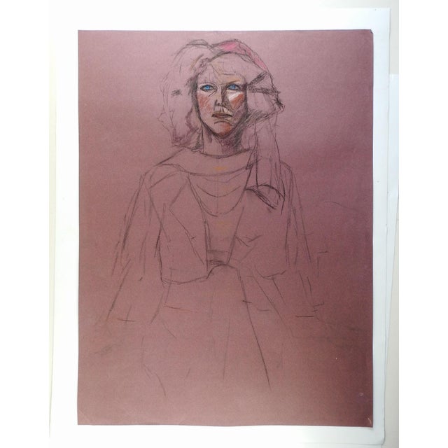 Circa 1980's pastel drawing on purple paper portrait of woman. Unsigned. Unframed.
