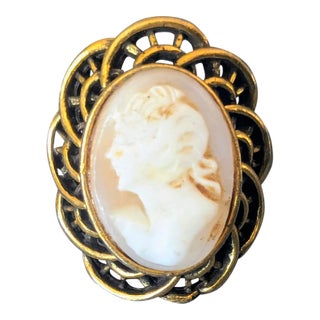 Coral Cameo Ring Framed in Brass Mid 20th Century Baroque Filigree, Size 7 For Sale