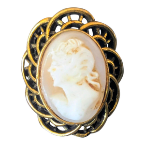 Vintage Coral Cameo Ring Framed in Brass Chunky Baroque Filigree