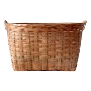 Vintage Woven Rattan Basket With Handles For Sale