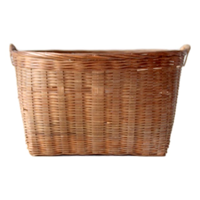 Vintage Woven Rattan Basket With Handles For Sale