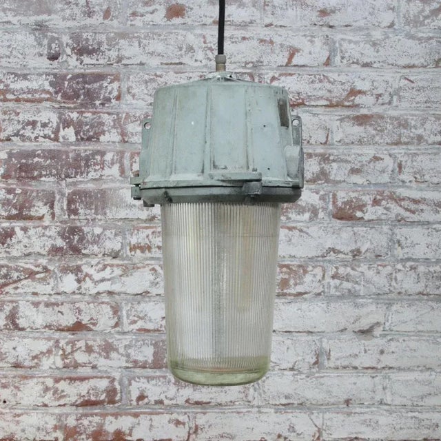 Vintage Industrial Grey Metal & Striped Glass Pendant Lights For Sale - Image 6 of 7