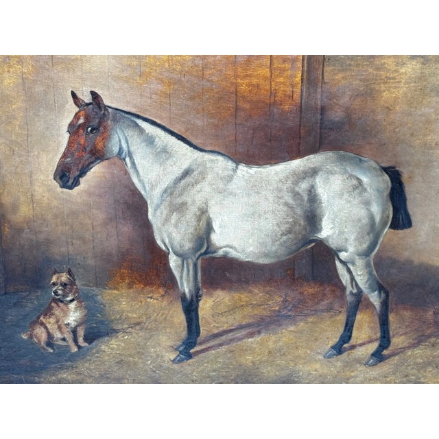 Wood Victorian Oil Painting Strawberry Gray Roan Hunter Horse in Stable With Terrier Circle of John Sargent Noble For Sale - Image 7 of 17