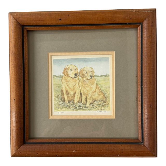Vintage R. Salinas Signed, Numbered Print Lithograph of Two Golden Retrievers For Sale