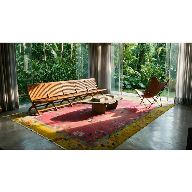 1920s Pink Rose Floral Antique Chinese Art Deco Carpet 9' X 12' Knotted Wool Rug For Sale - Image 12 of 14