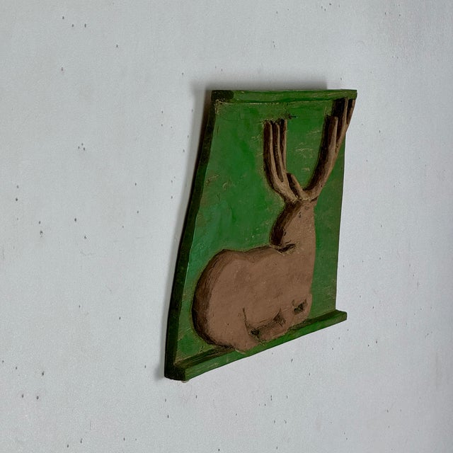 Folk Art Early 20th C. Primitive Folk Art Hand Carved Resting Stag in an Avocado Green Plaque For Sale - Image 3 of 9