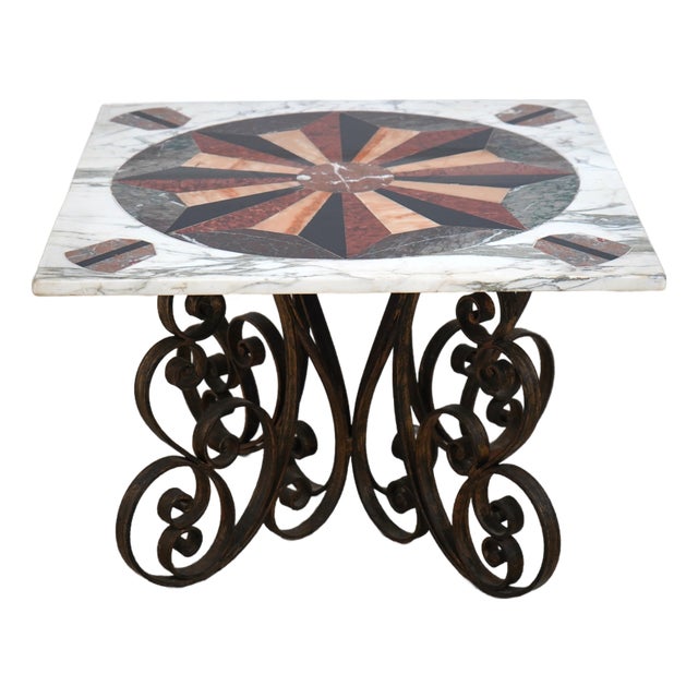 Pietra Dura Style Iron Base Marble Top Table For Sale