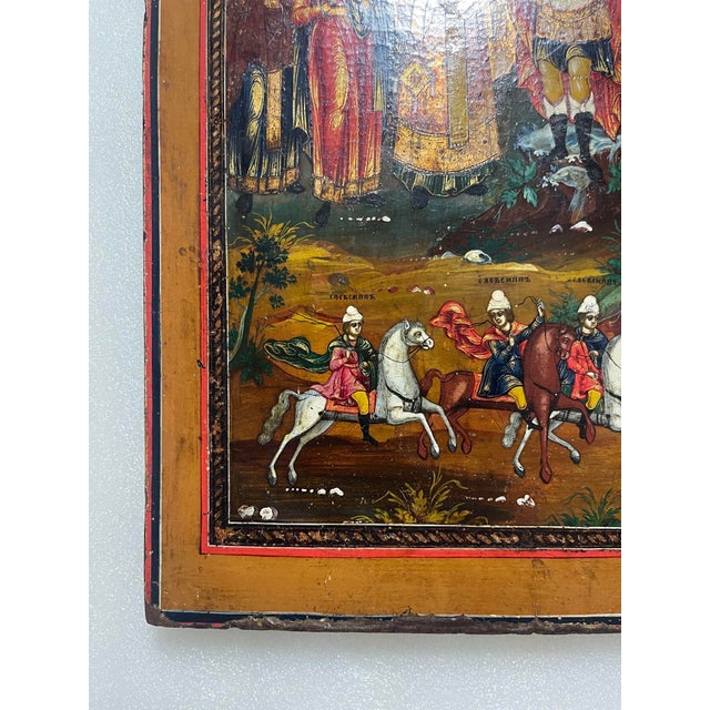 Wood 19th C. Icon St. Floros and Lauros With Archangel Michael Holding the Holy Face For Sale - Image 7 of 8