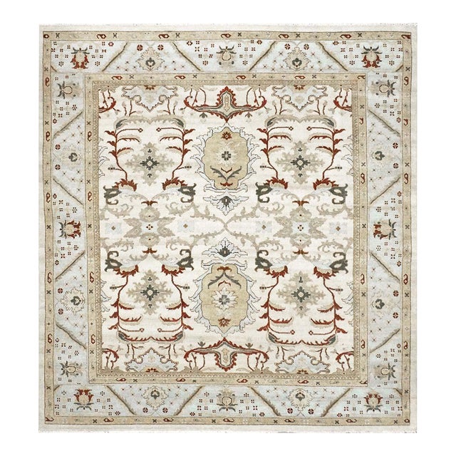 Afghan Sultanabad Masters Wool 9 x 8 Ivory, Taupe, Light Blue & Rust Handmade Area Rug #9902705 For Sale
