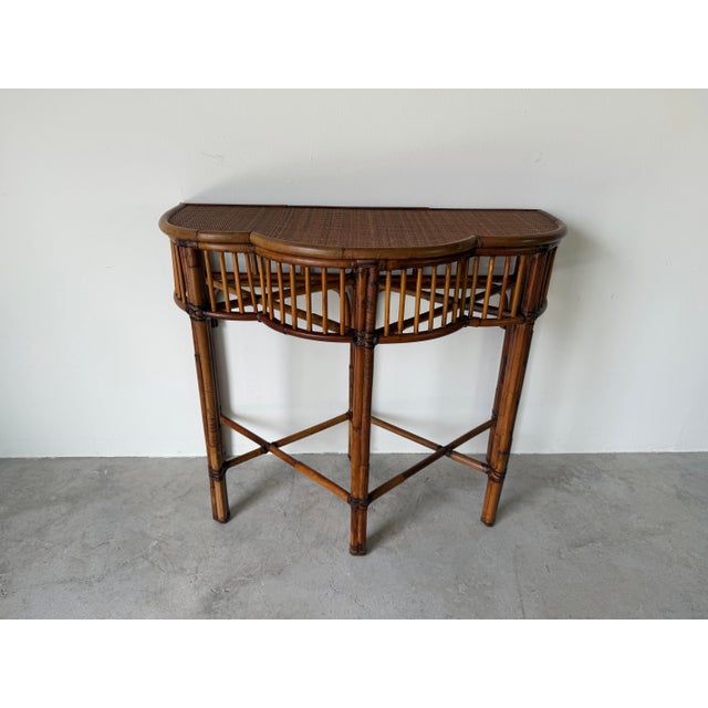 1980s Vintage Milling Road for Baker Bamboo & Rattan Demi-Lune Console Table For Sale - Image 5 of 12