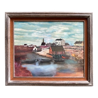 Vintage Oil on Canvas Painting “Fishing Boats in Harbor Cove” by Lawrence Pearson. For Sale