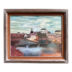 Vintage Oil on Canvas Painting “Fishing Boats in Harbor Cove” by Lawrence Pearson.