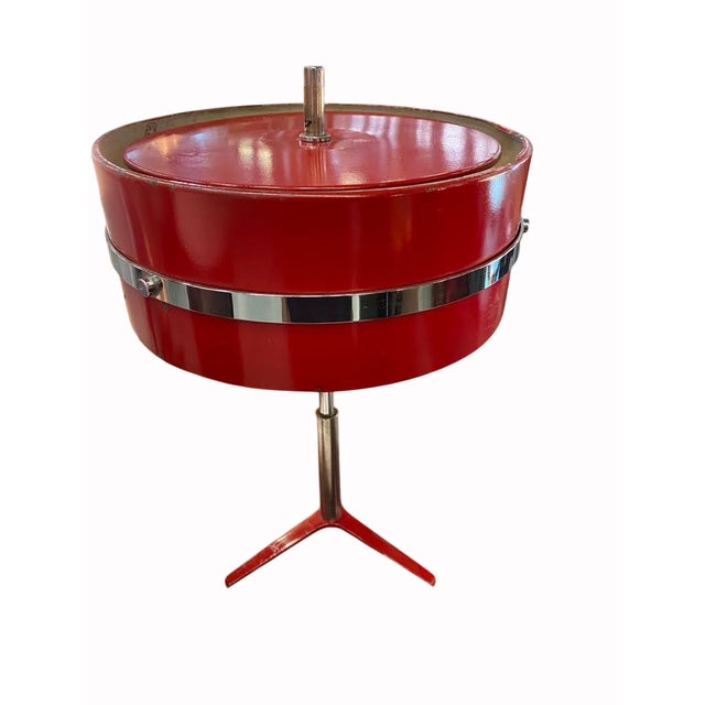 Vintage Red Enamel Table Lamp Steel and red enamel with 3 leg base Origin: Italy 1970s