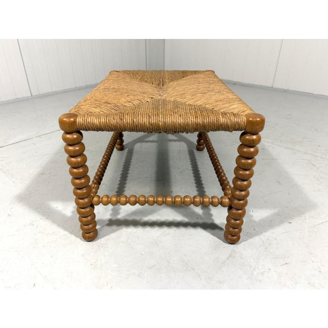 Low Oak Bobbin Stool with Rush Seat, 1930s For Sale - Image 9 of 10