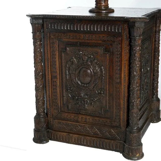 Brown Early Antique Continental Carved Oak Reliquary Cabinet & Carved Columns, 18th Century For Sale - Image 8 of 13