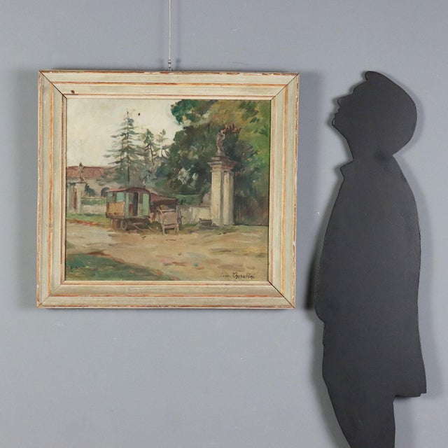 Oil on canvas. Signed at the bottom right. The artist combines in the same landscape view the entrance of a villa (which...
