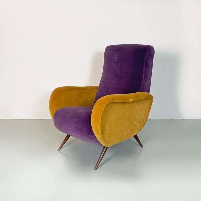 Mid-Century Italian Purple and Yellow Armchair with Wood Conical Legs, 1960s For Sale - Image 3 of 14