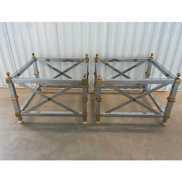 Chrome and Brass Two-Tiered Glass Top End Tables in the Style of Maison Jansen, a Pair For Sale - Image 9 of 11