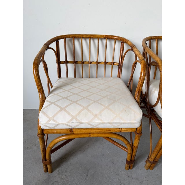 1970's Vintage Coastal Bamboo Rattan Barrel Lounge Chairs - A Pair For Sale - Image 4 of 17
