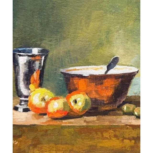 Richly-colored original gouache still life painting made on heavy cold press paper in new solid wood Larson Juhl frame...