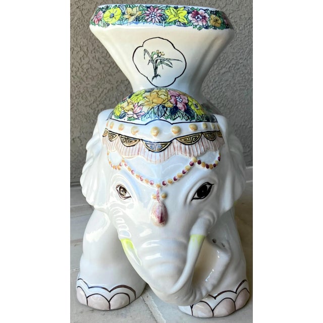 Whimsical Mid 20th-Century Highly Glazed Earthenware Elephant Garden Stool / Plant Stand For Sale In Austin - Image 6 of 18