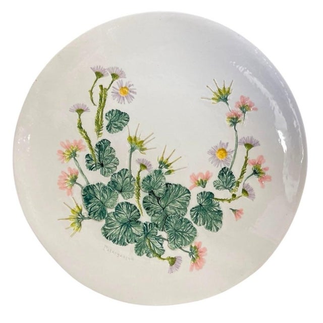 Illustration Vintage Hand-Painted Relief Ceramic Botanical Platter – Pelargonium Floral Motif For Sale - Image 3 of 12
