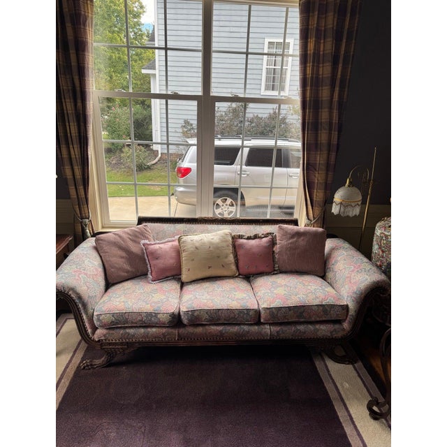 Mid 20th Century Duncan Phyfe Style Carved Sofa With Claw Feet and Rose Floral Damask For Sale - Image 5 of 6
