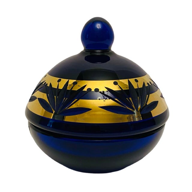 Early 20th Century Art Deco Irene Cobalt Blue Glass Lidded Dish For Sale - Image 4 of 8