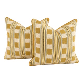 Pair of Mustard and Cream Geometric Throw Pillows – Square With Feather-Down Inserts For Sale